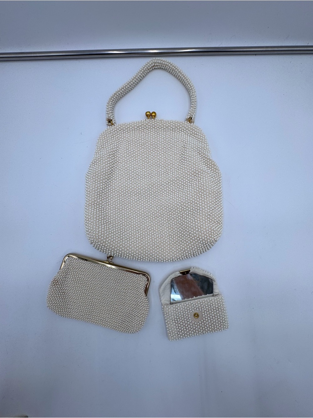 Vintage Corde Bead White Beaded Handbag Coin Purse Mirror Set Bridal Evening
